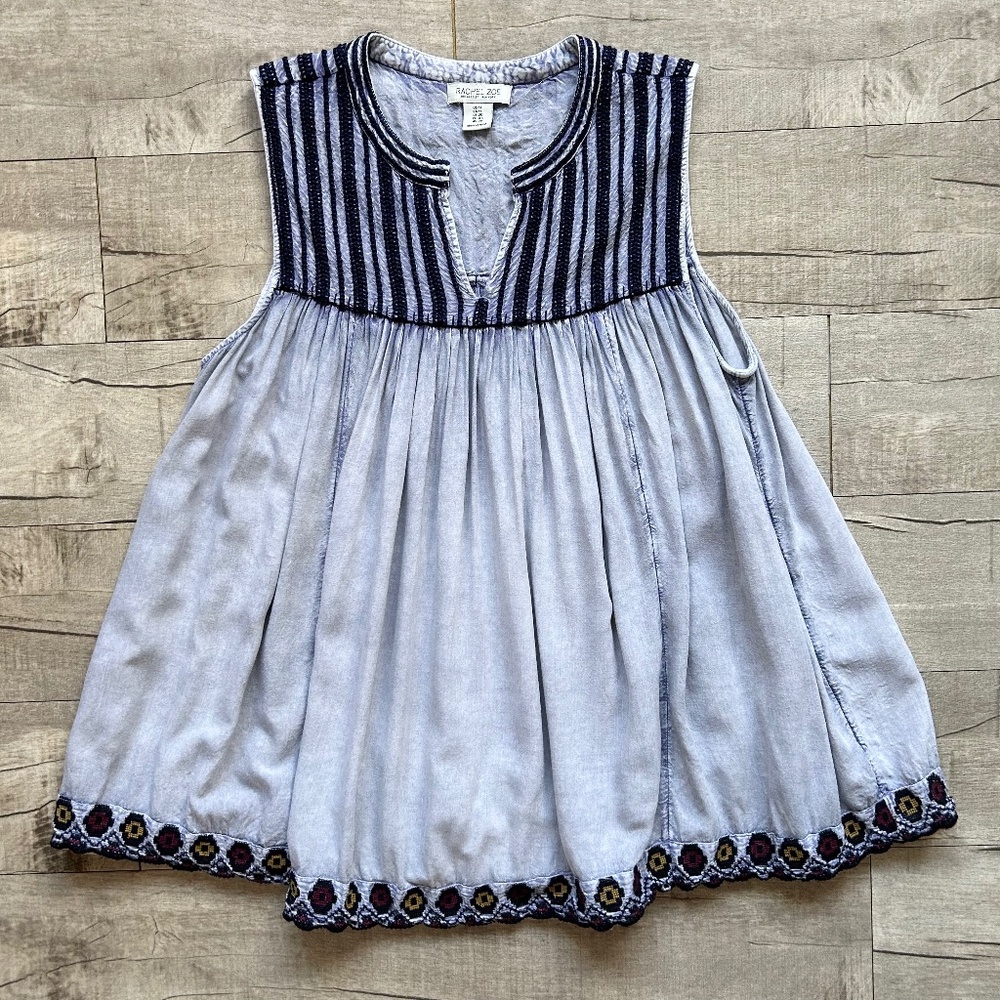 Rachel Zoe Embroidered Western Chambray Tunic Blouse V-Neck Pleated Blouse 1x